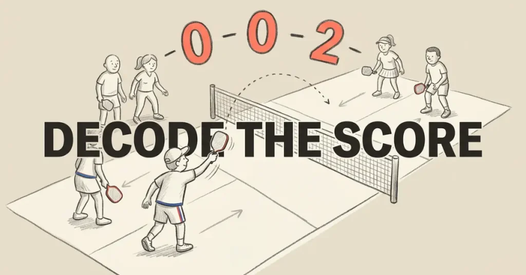 0-0-2 स्कोरबोर्ड के साथ डबल पिकलबॉल स्कोरिंग दिखाने वाली चित्रण