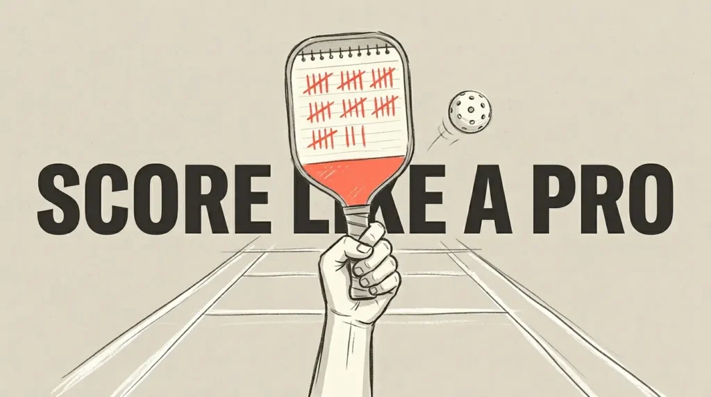 पिकलबॉल टूर्नामेंट स्कोरिंग चित्रण जिसमें पैडल पर टैली मार्क्स और कोर्ट के ऊपर "Score Like A Pro" टेक्स्ट है