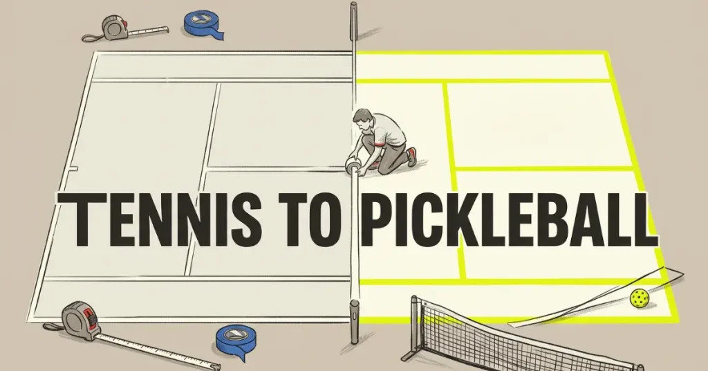 टेनिस कोर्ट को पिकलबॉल में बदलें: नई कोर्ट लाइनों, माप उपकरण और पोर्टेबल नेट दिखाने वाला आरेख