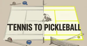 Convert a tennis court to pickleball: diagram showing new court lines, measuring tools, and portable net
