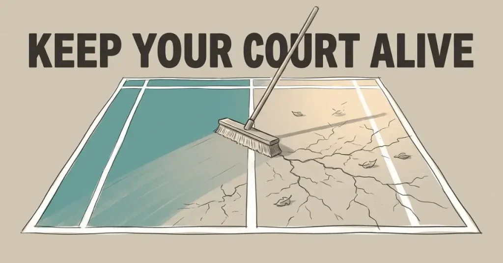 Pickleball court maintenance illustration showing a push broom sweeping a cracked, leaf-covered court half back to a clean blue surface