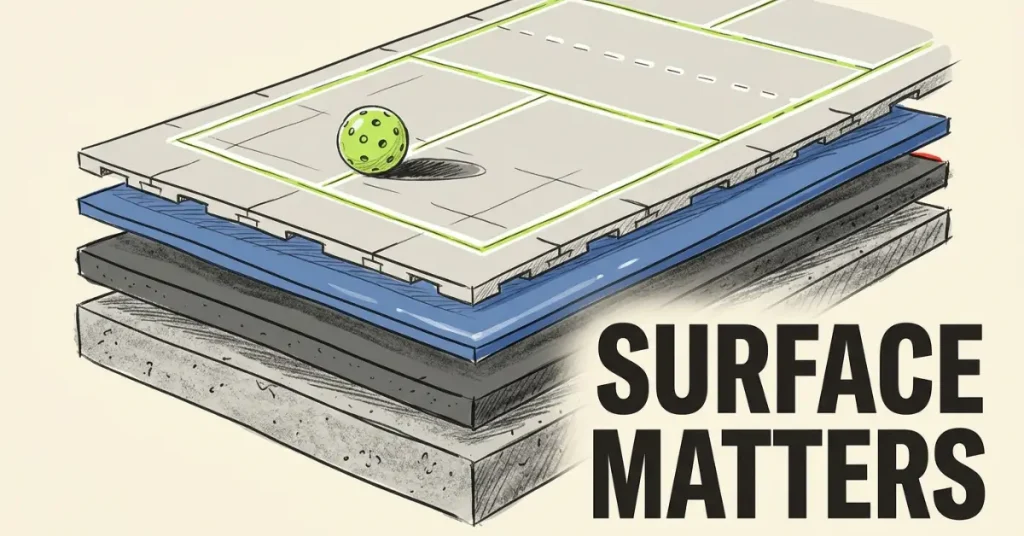 पिकलबॉल कोर्ट सतहों का क्रॉस‑सेक्शन चित्र, जिसमें ऊपर हरी गेंद के साथ 4 निर्माण परतें दिखती हैं
