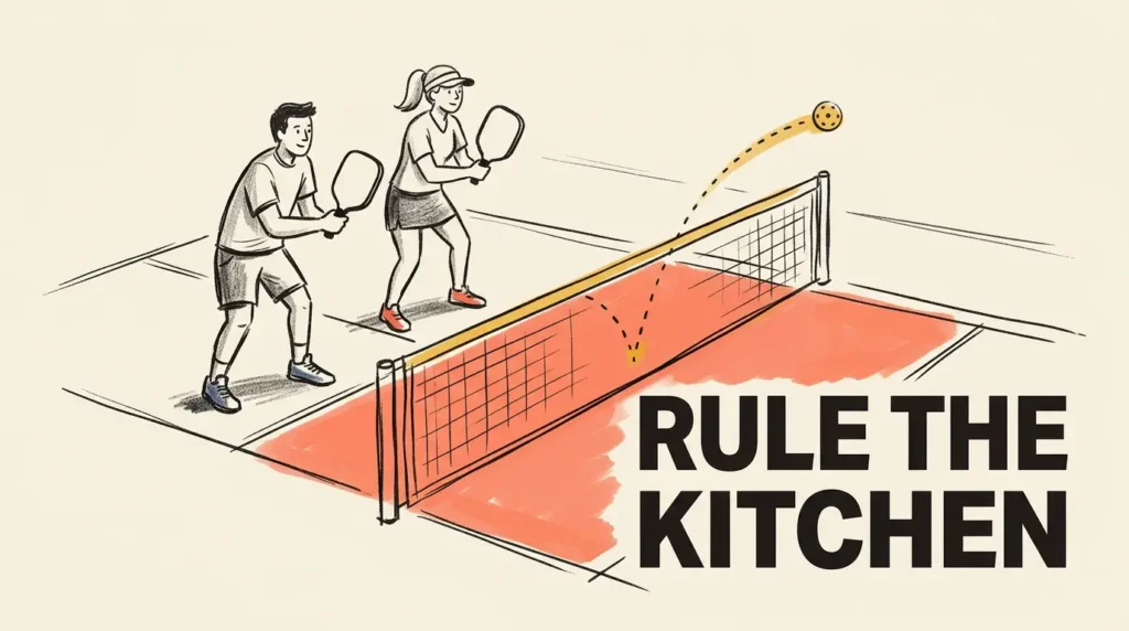 双打皮克球选手在厨房线旁，配有“厨房规则”图示