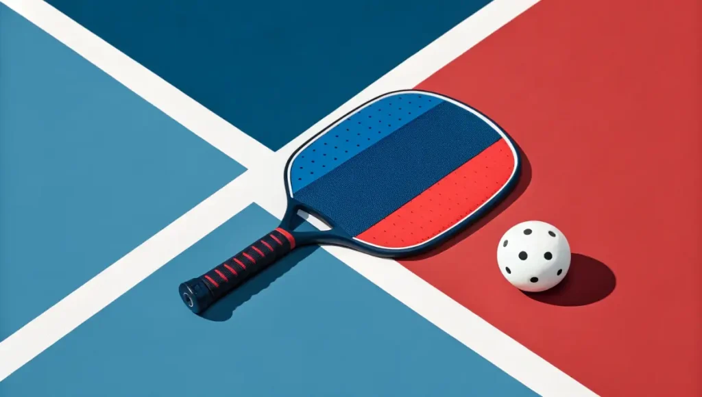 Pickleball paddle and ball representing pickleball history from 1976 Tukwila Tournament era on court lines