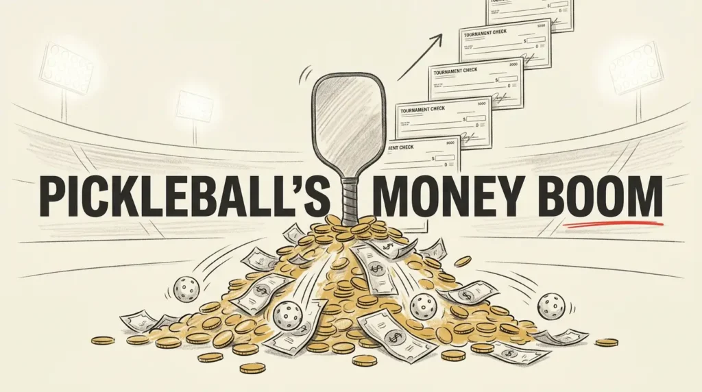 Illustration of a pickleball paddle rising out of a pile of cash and coins with tournament checks stacking upward, titled Pickleball's Money Boom