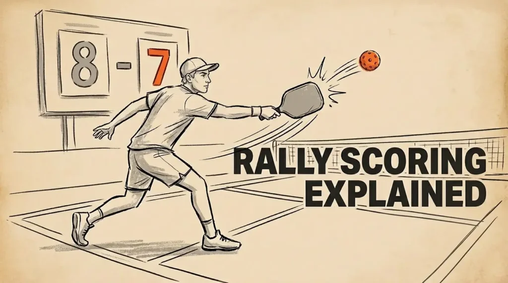 图示：Pickleball 球员击球，记分板显示 8-7，说明连得分制