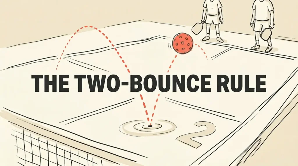 示意图展示皮克球在球场上弹跳两次，两名球员站在底线，演示两次弹跳规则。.