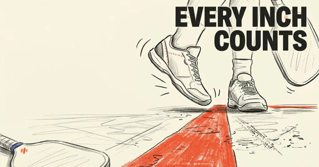 Regole dei fault di piede nel pickleball illustrate da una scarpa di un giocatore's che calpesta la linea rossa della zona cucina durante il servizio.