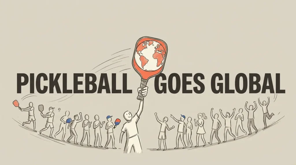 피클볼 국제 확장 일러스트, 구체를 보여주는 라켓과 전 세계에서 환호하는 선수들