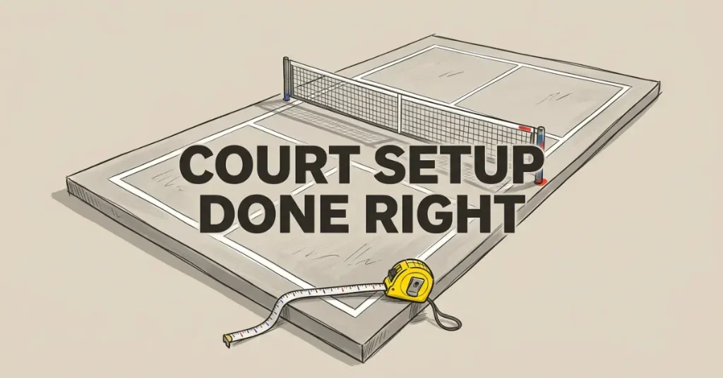 पिकलबॉल कोर्ट सेटअप की इसोमेट्रिक स्केच, जिसमें नेट, सीमा रेखाएँ और सटीक माप के लिए टेप दिखाया गया है