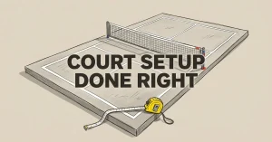 Isometric sketch of a pickleball court setup showing net, boundary lines, and a tape measure for accurate dimensions