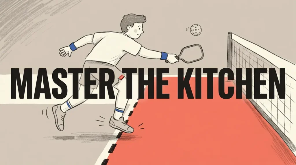 皮克球厨房规则示意图，展示球员跨越非截击区线在网前击球。