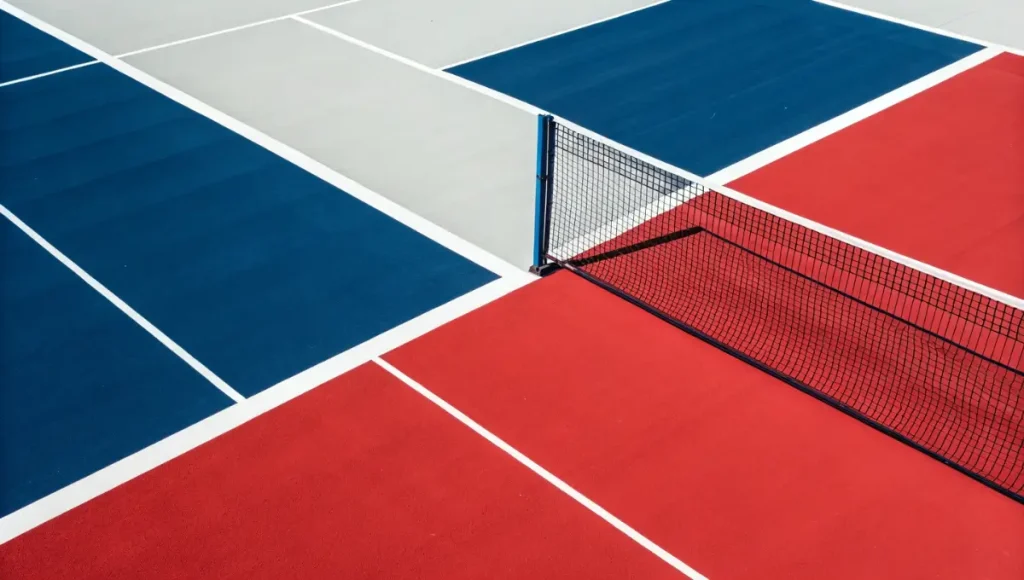 Geometric pickleball court with blue and red surfaces and net from aerial view
