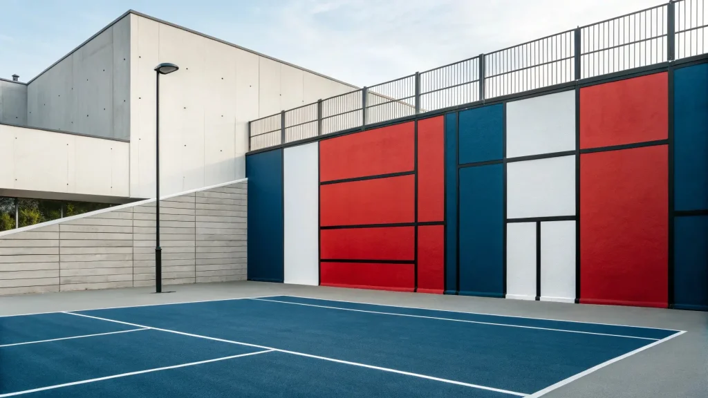 आधुनिक पिकलबॉल कोर्ट जिसमें ज्यामितीय दीवार कला है, जहाँ खिलाड़ी सामान्य स्कोरिंग गलतियों से बचना सीखते हैं