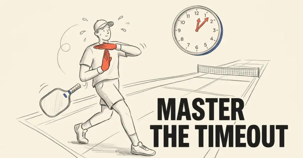 pickleball球员在场上示意暂停，时钟显示一分钟，说明暂停规则。.