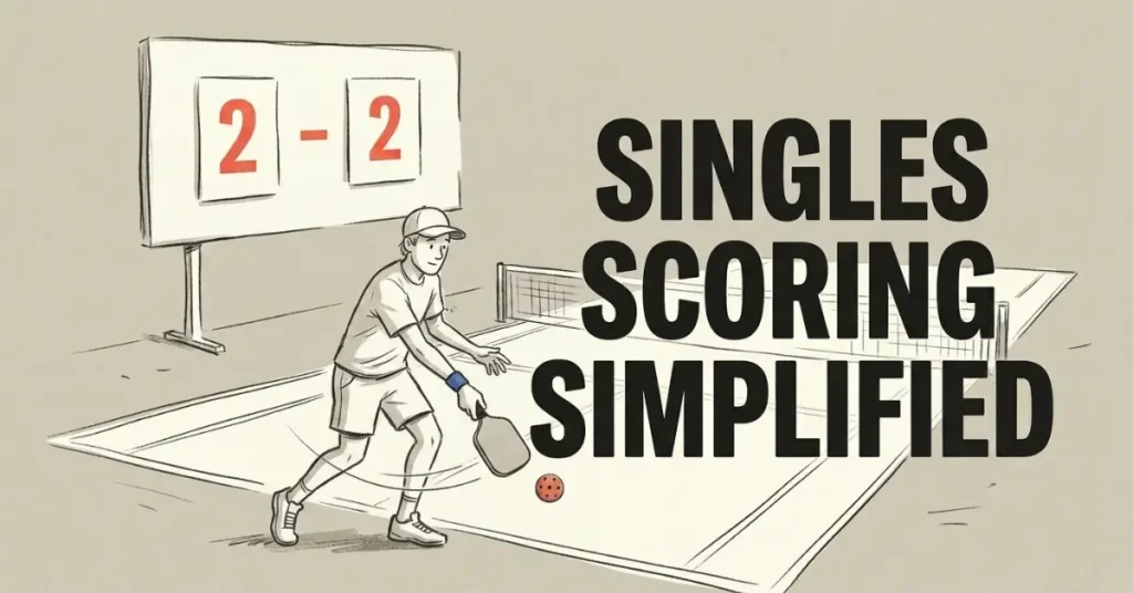 2-2 स्कोरबोर्ड वाले पिकलबॉल खिलाड़ी की चित्रण और पाठ एकल स्कोरिंग सरल
