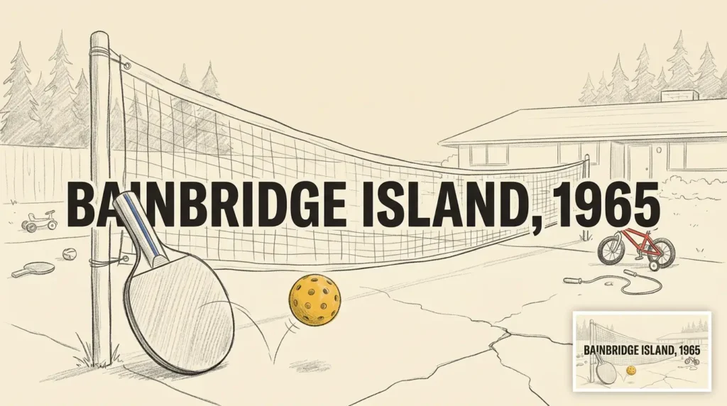 피클볼을 발명한 일러스트: 1965년 베인브리지 섬 뒷마당, 배드민턴 네트와 탁구 라켓, 휘플볼