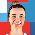 Digital portrait of pickleball star Catherine Parenteau smiling with hair in bun on colorful background