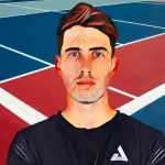 Professional pickleball player Federico Staksrud posing on colorful court with red and blue sections and crisp white lines.