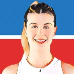 Genie Bouchard illustrated in athletic attire, standing before a split blue and red background separated by a white line.