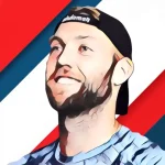 Cartoon-style illustration of pickleball player Jack Sock wearing black baseball cap and blue striped shirt with patriotic backdrop