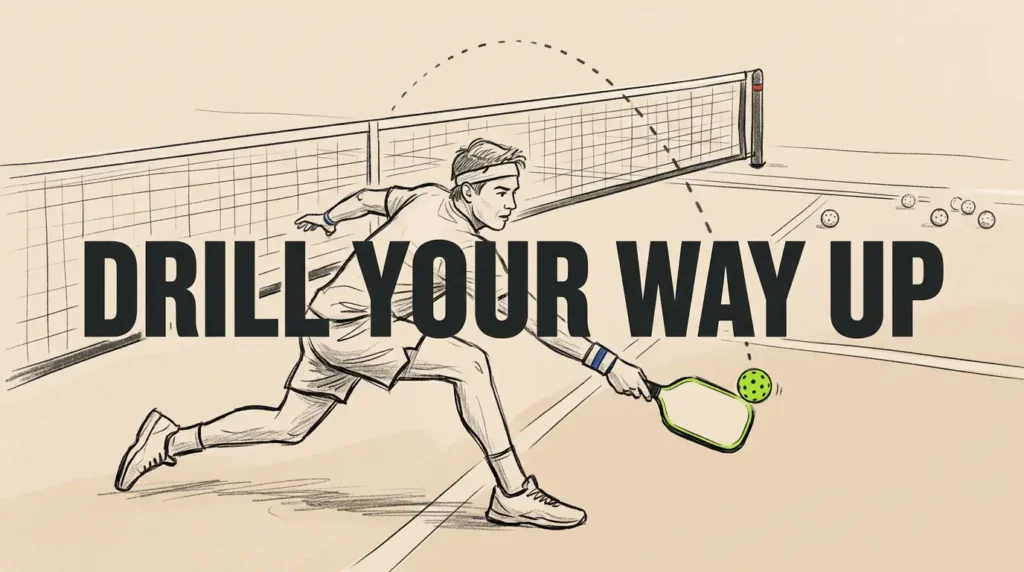 पिकलबॉल खिलाड़ी सोलो ड्रिल अभ्यास में फोरहैंड के लिए झपटता है, Drill Your Way Up ग्राफिक के साथ