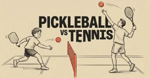 Pickleball vs tennis comparison graphic showing players, paddle, racket, court lines, and net