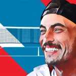 Tyson McGuffin Pickleball star against graphic court net backdrop in vibrant red, white, and blue theme.