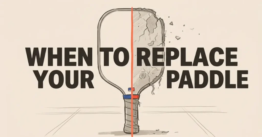 插图展示球拍使用寿命，一侧全新，一侧开裂