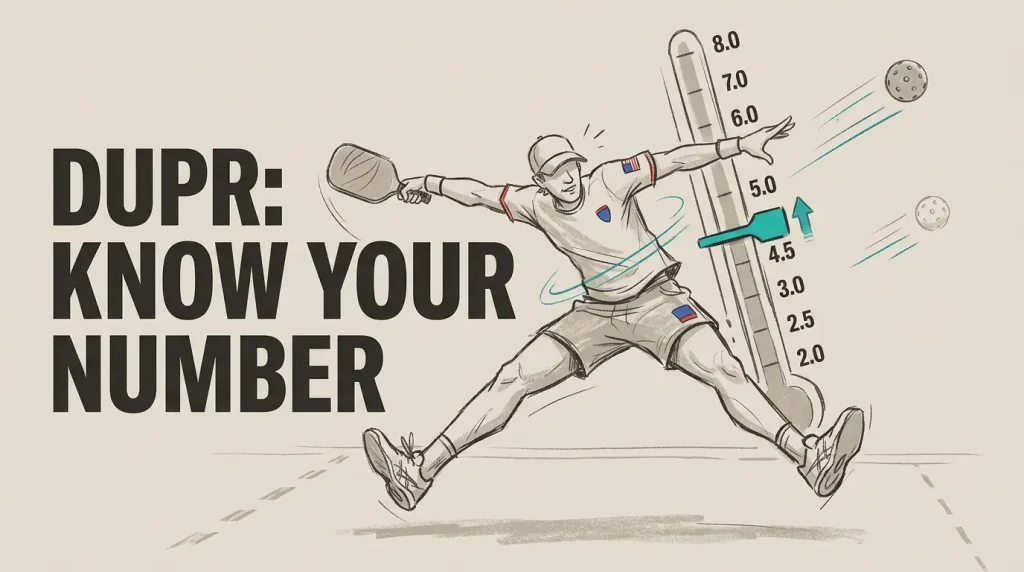 पिकलबॉल में DUPR क्या है? खिलाड़ी के शॉट के लिए लंगड़ाते हुए चित्र, DUPR रेटिंग स्केल के बगल में।.