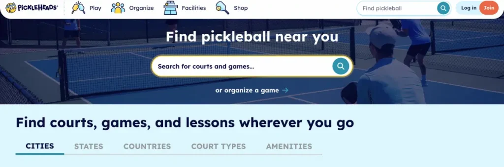 screenshot of pickleheads court finder app page