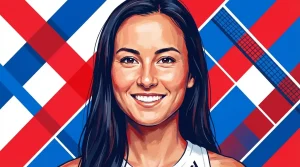 Anna Bright pickleball player hero image with bold red white and blue geometric background