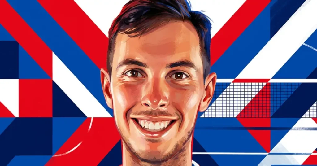 JW Johnson pickleball player hero image with bold red white and blue geometric background