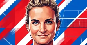 Kate Fahey pickleball player hero image with bold red white and blue geometric background