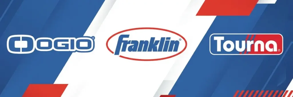 Best pickleball accessory brands OGIO, Franklin, and Tourna logos on red, white, and blue striped background