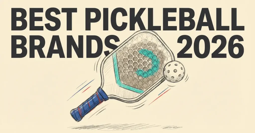 Illustrated paddle showcasing best pickleball brands for 2026 with hexagonal face pattern, blue grip, and ball with motion