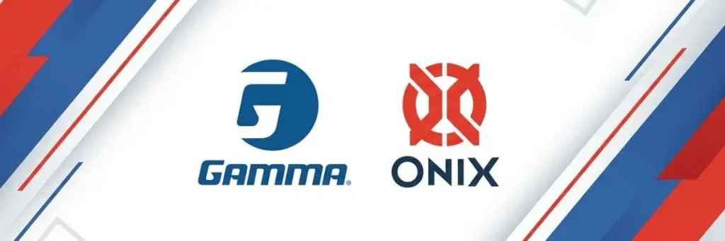 best court equipment brands Gamma and ONIX logos on red white blue striped background for pickleball gear