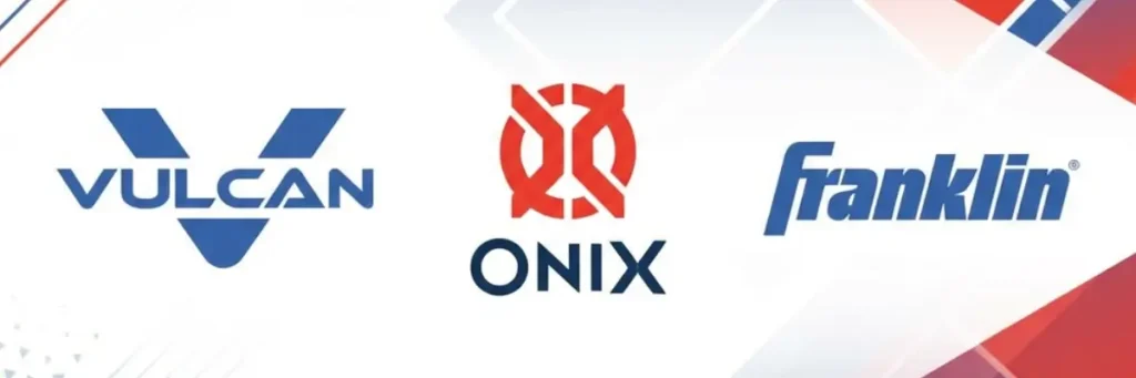 Pickleball producer brands Vulcan, Onix, and Franklin logos displayed on promotional banner