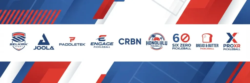 top pickleball brands and their logos on a banner with a blue, red and white background