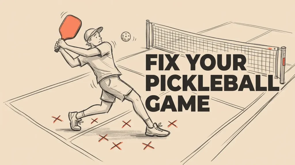 Pickleball player showing beginner mistakes with bad footwork and red X error markers on the court