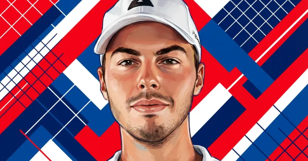 Ben Johns Pickleball-Spieler-Heldbild mit kräftigem rot‑weiß‑blauem geometrischem Hintergrund