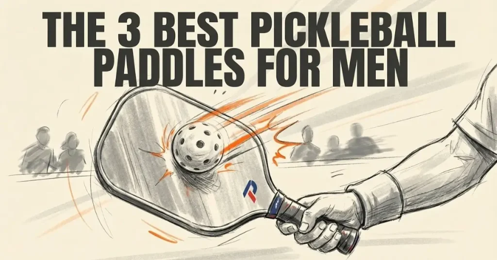 Best Pickleball Paddles For Men showing hand holding paddle at impact with orange motion lines sketch style