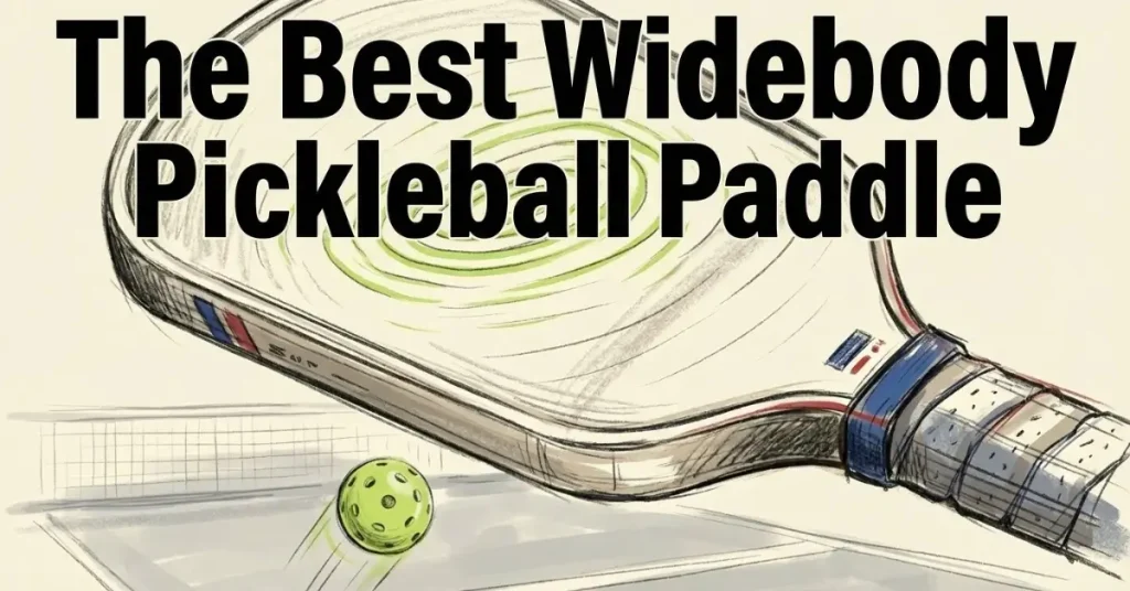 Best Widebody Pickleball Paddle showing large paddle positioned diagonally with bright green ball foreground sketch