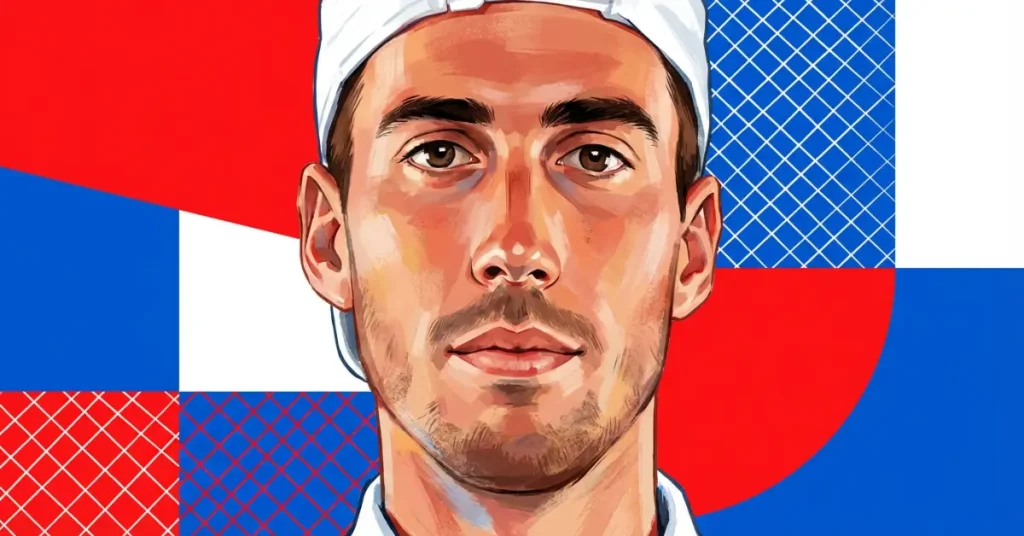 Federico Staksrud Pickleball-Spieler-Hero-Bild mit kräftigem rot-weiß-blauem geometrischem Hintergrund