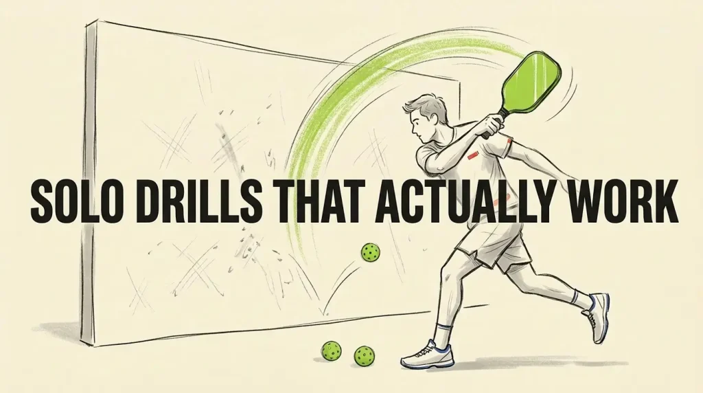 पिकलबॉल सोलो ड्रिल्स की चित्रण — खिलाड़ी हरे पैडल से अभ्यास दीवार पर गेंद को मार रहा है