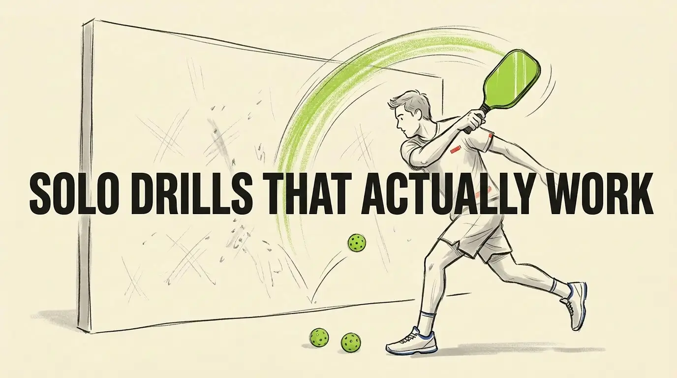 Ilustración de ejercicios en solitario de pickleball — jugador golpeando la pelota contra la pared de práctica con pala verde