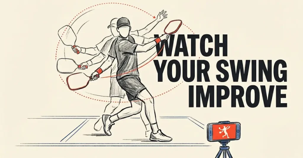 使用 Pickleball 视频分析观看并提升挥拍技术的示意玩家，记录于三脚架上