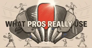 Pro pickleball paddles fanned out in spotlight with carbon fiber designs and sketched players in action