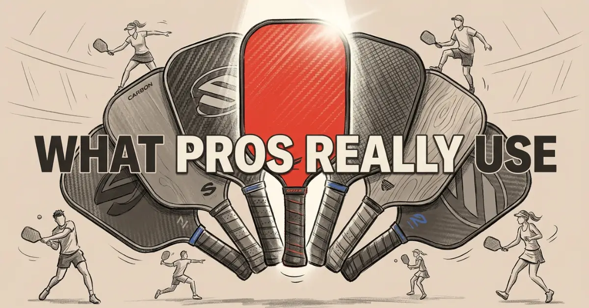 Palas de pickleball profesionales desplegadas bajo el foco con diseños de fibra de carbono y jugadores esbozados en acción