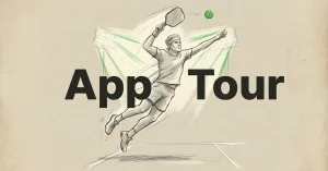 App Tour pickleball player leaping mid-air to smash a green ball in a hand-drawn sketch illustration